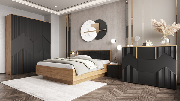 Изображение товара Комплект мебели для спальни Мебель-КМК Оливия 1 КМК 1024 (дуб наварра/MDP 46 шагрень черная)