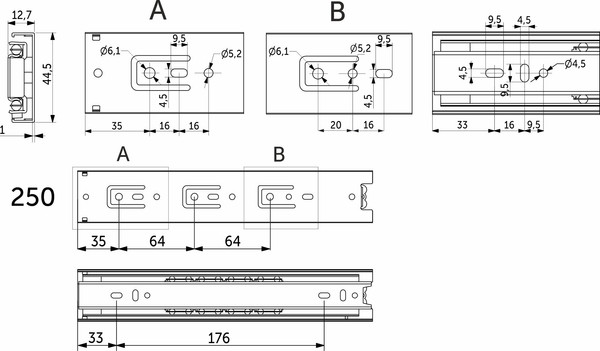 Изображение товара Комплект направляющих мебельных AKS 114 821 шариковые L-250