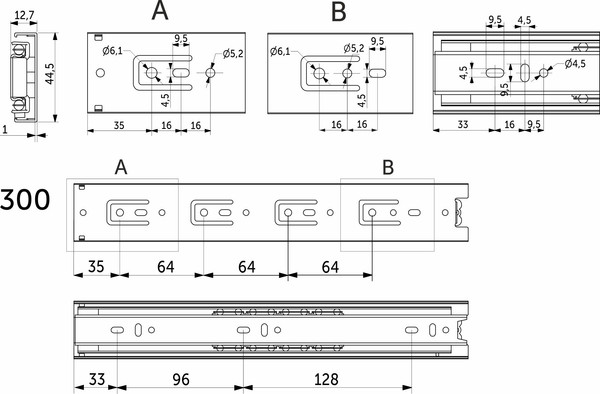 Изображение товара Комплект направляющих мебельных AKS 114 822 шариковые L-300