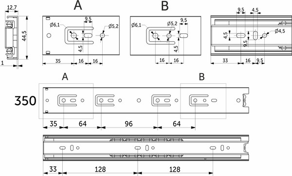 Изображение товара Комплект направляющих мебельных AKS 114 823 шариковые L-350 h=45