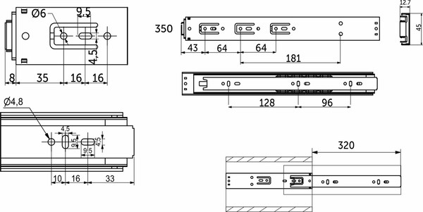 Изображение товара Комплект направляющих мебельных AKS 114 789 шариковые L-350 h=45 (push to open)