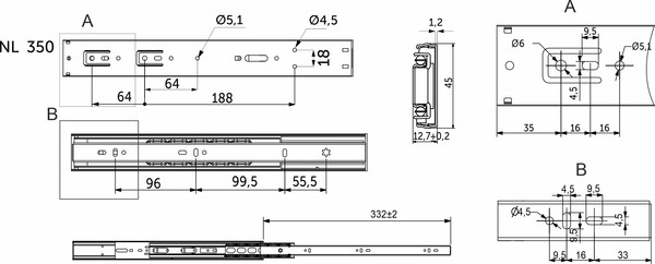 Изображение товара Комплект направляющих мебельных AKS 114 794 шариковые L-350 h=45 (soft close)