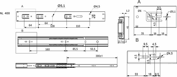 Изображение товара Комплект направляющих мебельных AKS 114 795 шариковые L-400 h=45 (soft close)