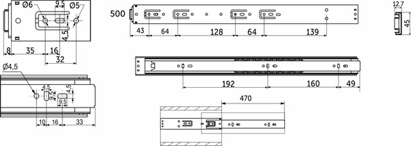 Изображение товара Комплект направляющих мебельных AKS 115 629 шариковые L-500 h=45 (push to open)