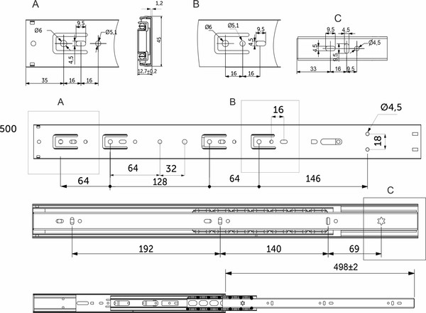 Изображение товара Комплект направляющих мебельных AKS 114 797 шариковые L-500 h=45 (soft close)