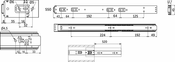 Изображение товара Комплект направляющих мебельных AKS 115 630 шариковые L-550 h=45 (push to open)
