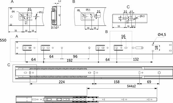 Изображение товара Комплект направляющих мебельных AKS 114 798 шариковые L-550 h=45 (soft close)