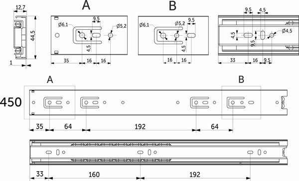 Изображение товара Комплект направляющих мебельных AKS 114 825 шариковые L-450 h=45
