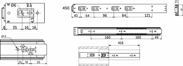 Изображение товара Комплект направляющих мебельных AKS 114 791 шариковые L-450 h=45 (push to open)
