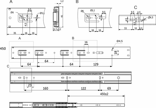 Изображение товара Комплект направляющих мебельных AKS 114 796 шариковые L-450 h=45 (soft close)
