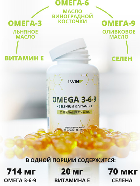 Изображение товара Жирные кислоты 1WIN Omega 3-6-9 с селеном и витамином Е (120 капсул)