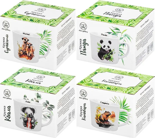 Изображение товара Набор кружек Elan Gallery New Bone China Сурикаты+Капибара+Панда+Коала / 230252-4