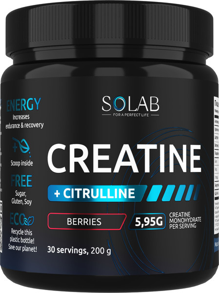 Изображение товара Комплексные аминокислоты SOLAB Креатин с L-цитруллином (200г, лесные ягоды)