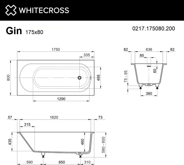 Изображение товара Ванна из искусственного камня Whitecross Gin 175x80 / 0217.175080.200 (белый матовый)