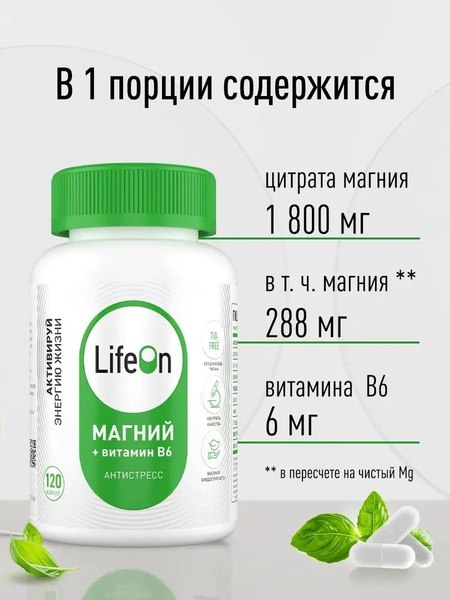 Изображение товара Витаминно-минеральный комплекс LifeON Магний + Витамин В6 (120 капсул)