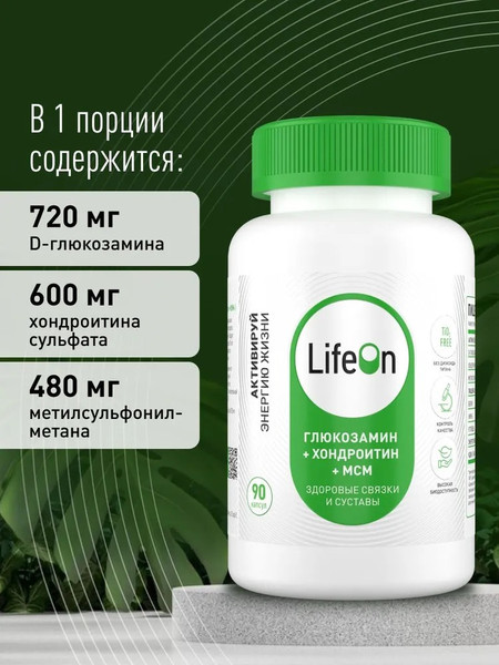 Изображение товара Хондропротектор LifeON Глюкозамин Хондроитин+MSM (90 капсул)