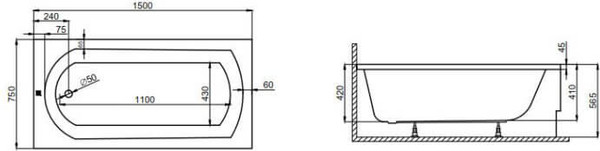 Изображение товара Ванна акриловая Polimat Classic 150x75 с ножками / 00279