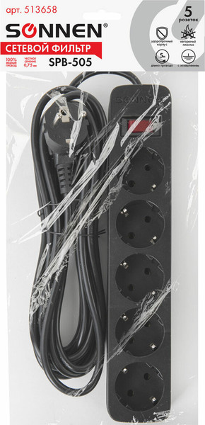 Изображение товара Сетевой фильтр Sonnen SPB-505 / 513658 (5м, 5 розеток, черный)