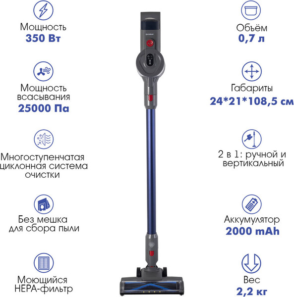 Изображение товара Вертикальный пылесос Endever SkyClean VC-304 (темно-синий/серый)