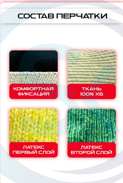 Изображение товара Перчатки защитные No Brand Вязаные ХБ с двойным латексным покрытием / 20145 (10пар, белый/зелено-желтый)