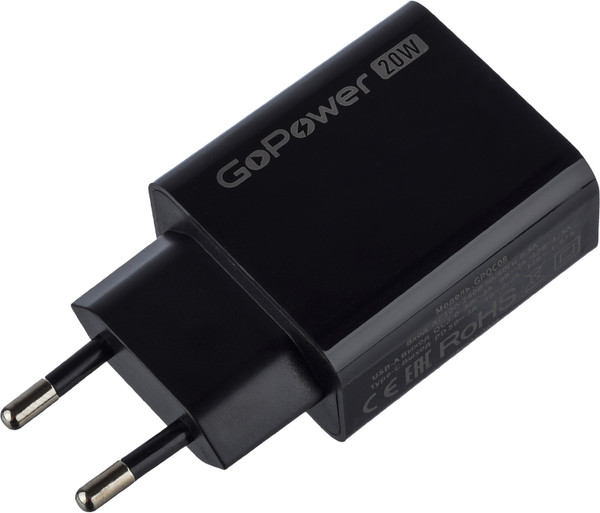 Изображение товара Адаптер питания сетевой GoPower GPQC08 1USB+1Type-C 20W QC3.0 / 00-00030975 (черный)