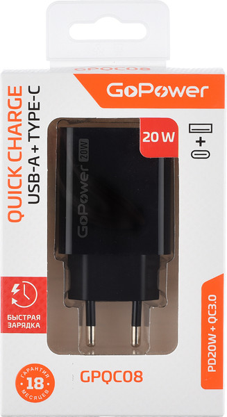 Изображение товара Адаптер питания сетевой GoPower GPQC08 1USB+1Type-C 20W QC3.0 / 00-00030975 (черный)
