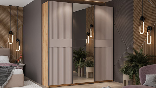 Изображение товара Шкаф-купе ТриЯ Оскар Хилтон Т2 2100 / 271142 (ручка черная/дуб крафт золотой/кашемир сатин)