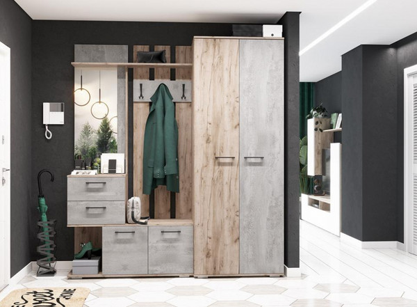 Изображение товара Секция в прихожую Woodville Вальс ВШ-1 / 508424 (дуб крафт серый/бетонный камень)