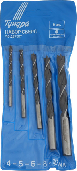Изображение товара Набор сверл Tundra Цилиндрический хвостовик по дереву 4-5-6-8-10мм / 1119704 (5шт)