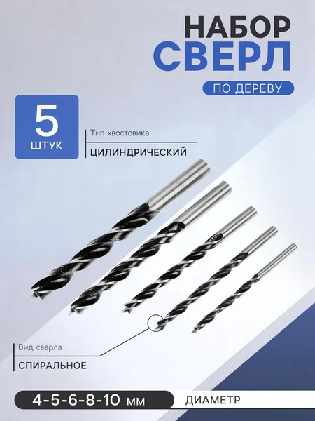 Изображение товара Набор сверл Tundra Цилиндрический хвостовик по дереву 4-5-6-8-10мм / 1119704 (5шт)
