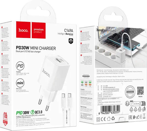 Изображение товара Зарядное устройство сетевое Hoco C149A Charm 30W + кабель (белый)