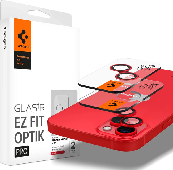 Изображение товара Защитное стекло для камеры телефона Spigen Optik Ez Fit Camera Pr. iPhone 14/14 Plus/15/15 Plus / AGL05605 (2шт, красный)