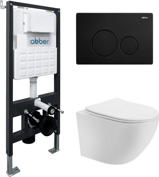 Изображение товара Унитаз подвесной с инсталляцией Abber Bequem AC1100T-AC0105-AC0121MB (с кнопкой смыва)
