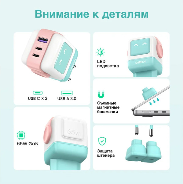 Изображение товара Адаптер питания сетевой Ugreen CD361 / 35855 (розовый/синий)