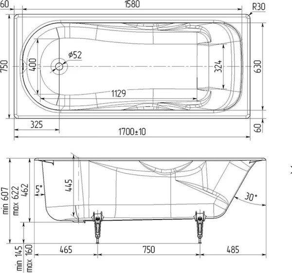 Изображение товара Ванна чугунная Wotte Comfort 170х75 / БП-э00д1474