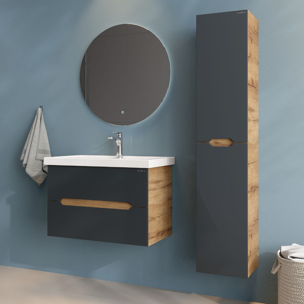 Изображение товара Шкаф-пенал для ванной Onika Айленд 30 / 403085 (графит/дуб крафт золотой)