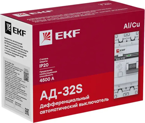 Изображение товара Дифференциальный автомат EKF PROxima АД-32 1P+N (S) 16А (С) 300мА АС 4.5кА / DA32-16-300S-pro