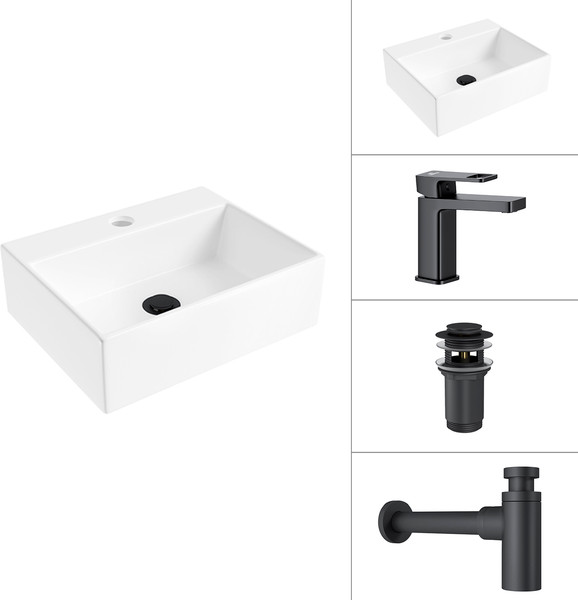 Изображение товара Умывальник со смесителем Lauter 21344 + Cascade 21СК655BS + сифон 21635B + донный клапан 21190B (черный матовый)