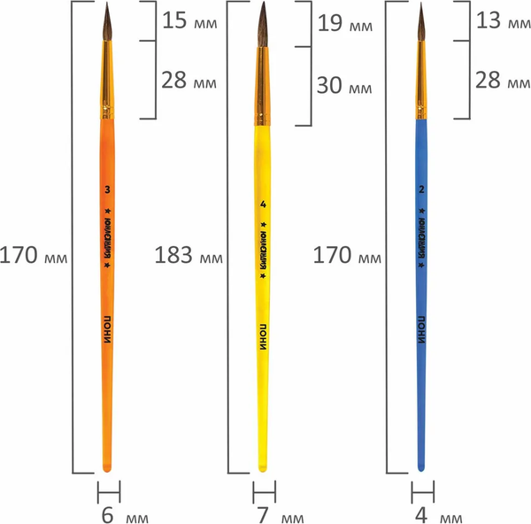 Изображение товара Набор кистей Юнландия Пони (3шт, круглые № 2,3,4)