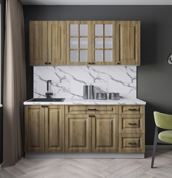 Изображение товара Кухонный гарнитур Интерлиния Мила Деко 1.8А (дуб вотан/дуб вотан/белый гранит)