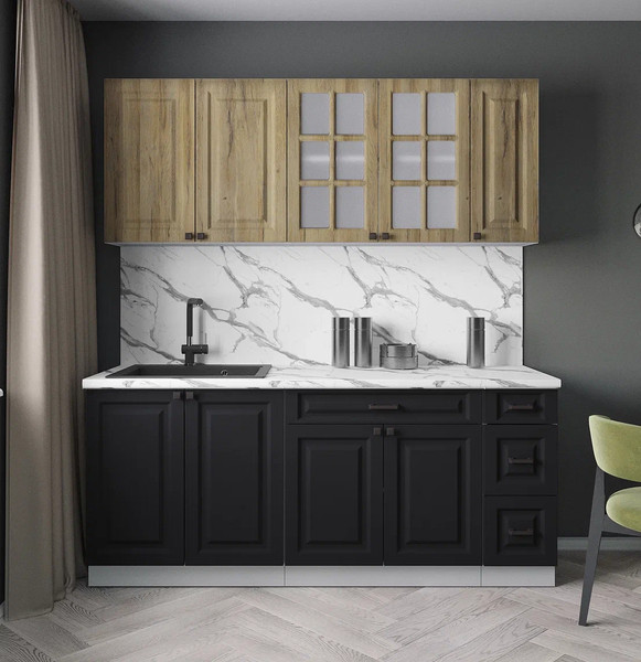 Изображение товара Кухонный гарнитур Интерлиния Мила Деко 1.9А (черный/дуб вотан/белый гранит)