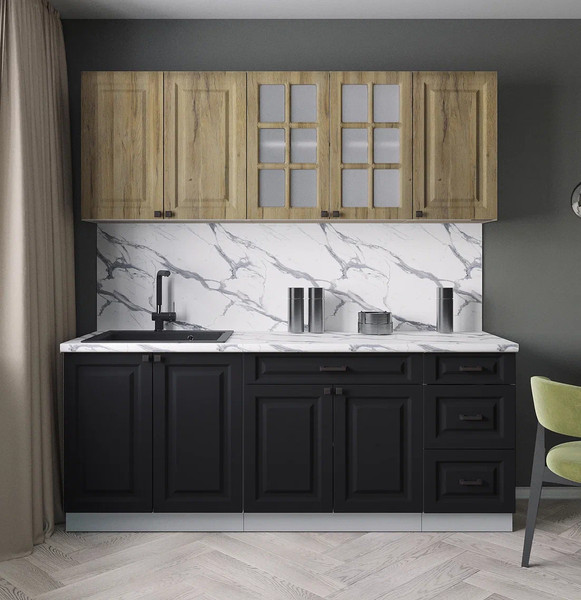 Изображение товара Кухонный гарнитур Интерлиния Мила Деко 2.0А (черный/дуб вотан/белый гранит)