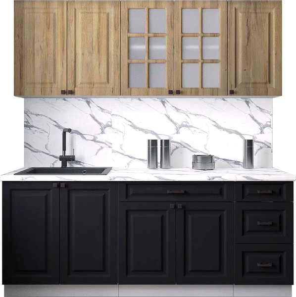 Изображение товара Кухонный гарнитур Интерлиния Мила Деко 2.0А (черный/дуб вотан/белый гранит)