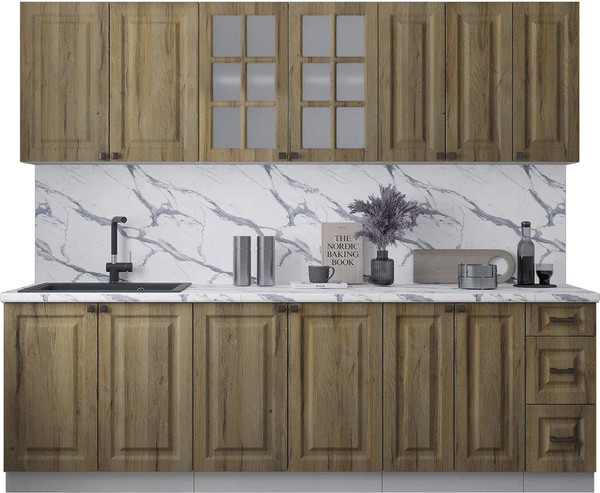 Изображение товара Кухонный гарнитур Интерлиния Мила Деко 2.5А (дуб вотан/дуб вотан/белый гранит)