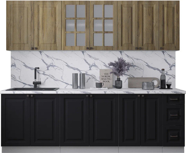 Изображение товара Кухонный гарнитур Интерлиния Мила Деко 2.5А (черный/дуб вотан/белый гранит)