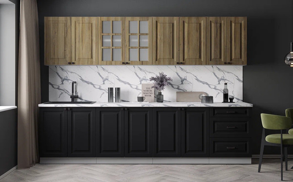 Изображение товара Кухонный гарнитур Интерлиния Мила Деко 3.0А (черный/дуб вотан/белый гранит)