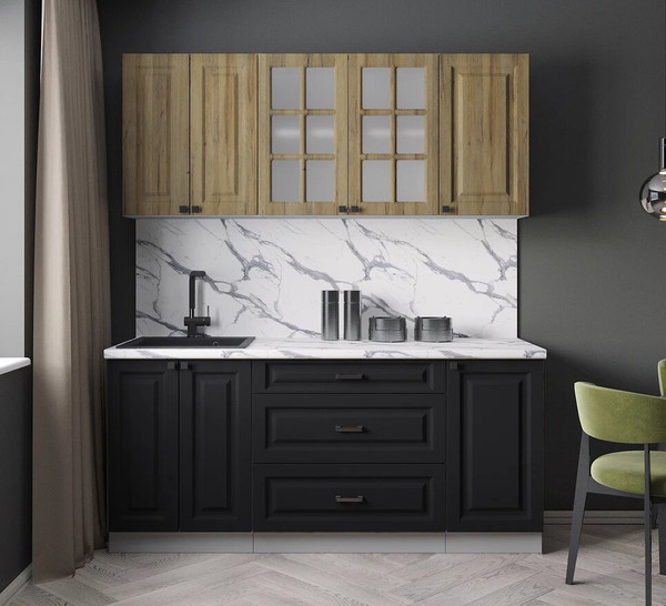 Изображение товара Кухонный гарнитур Интерлиния Мила Деко 1.8Б (черный/дуб вотан/белый гранит)