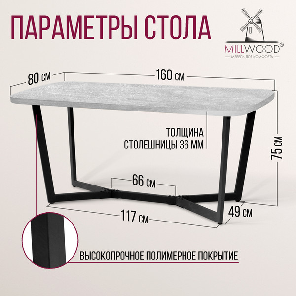 Изображение товара Обеденный стол Millwood Лофт Мюнхен Л 1600х800х750 / 41434_bet_ch (бетон/металл черный)