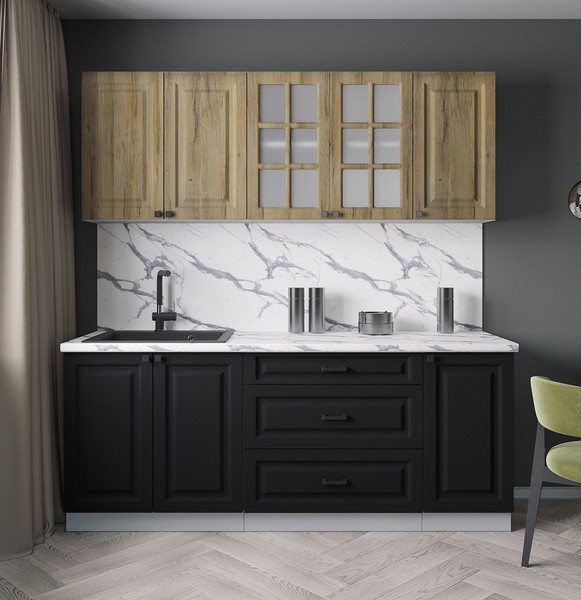 Изображение товара Кухонный гарнитур Интерлиния Мила Деко 2.0Б (черный/дуб вотан/белый гранит)