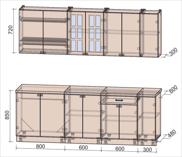 Изображение товара Кухонный гарнитур Интерлиния Мила Деко 2.3Б (дуб вотан/дуб вотан/белый гранит)